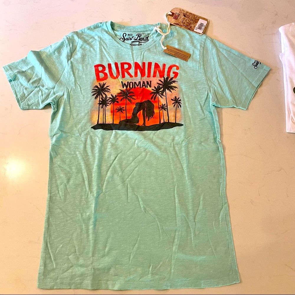 Teal cotton “Burning Woman” printed mens t-shirt